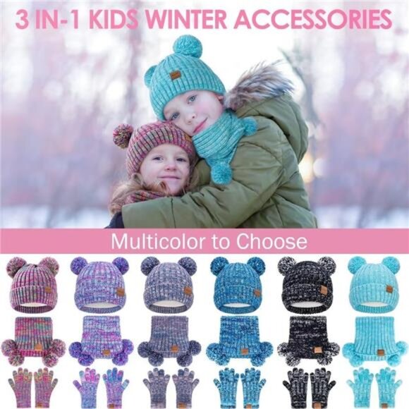 Kids Purple Winter Hat Gloves Scarf Set, Girls Toddler Children Beanie Snow‎ Cap - Picture 6 of 7